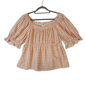 Old Navy Babydoll‎ Top Sz XL Pink Gingham Cottagecore Milkmaid Picnic Smocked